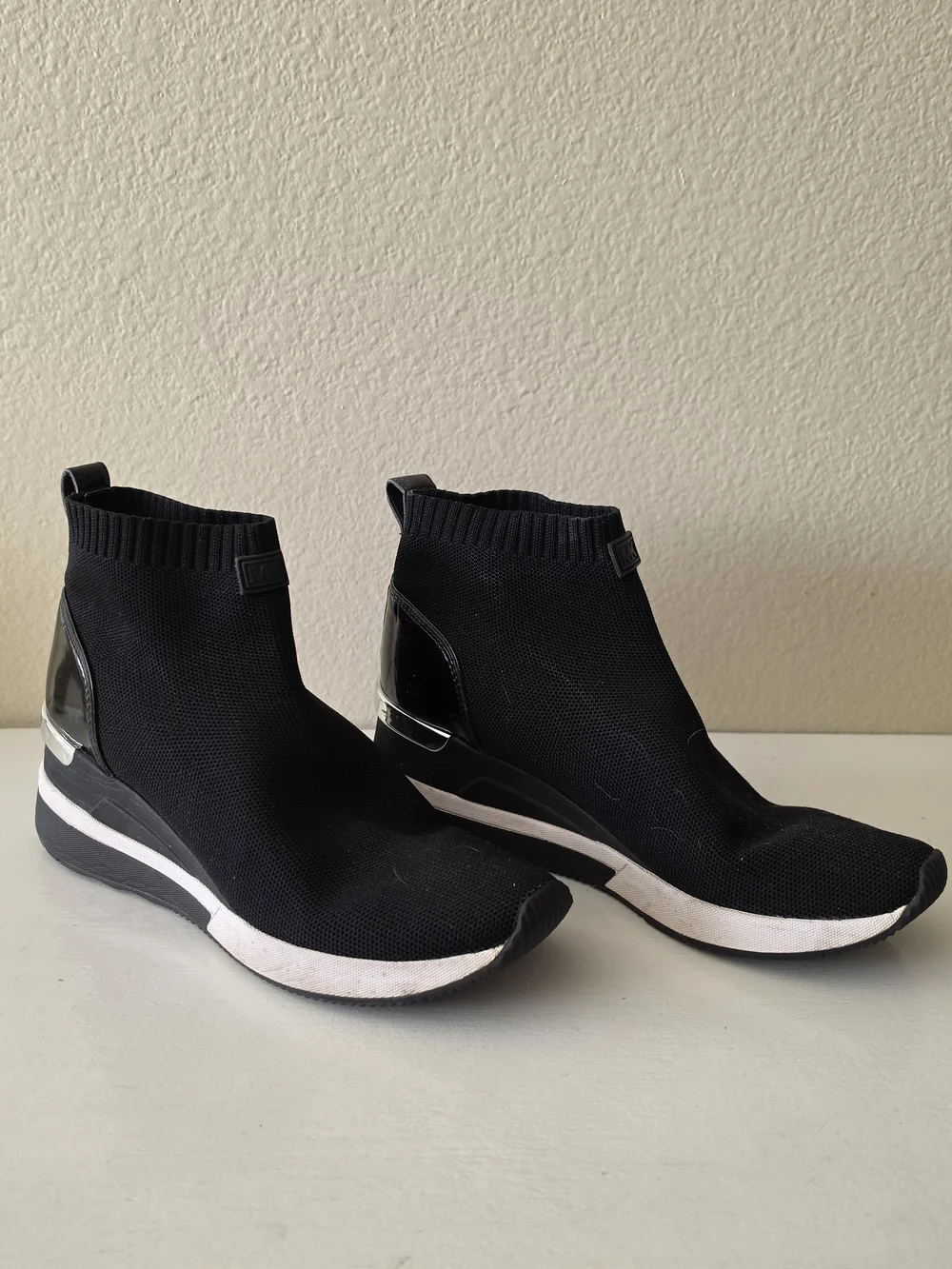 Michael Kors Black Knit Wedge Sneakers with White Midsole